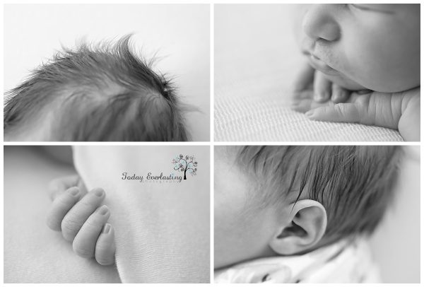 A black-and-white collage of four close-up images highlighting the delicate details of a newborn. The top left shows the baby's soft hair, the top right captures her tiny hands resting under her chin, the bottom left focuses on her tiny fingers gripping a blanket, and the bottom right features her ear and fine hair. The logo for Today Everlasting Photography is visible in the bottom left image.